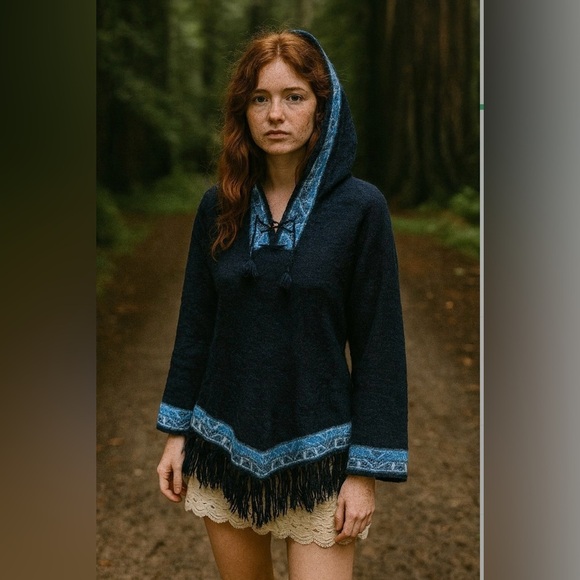 100% Baby Alpaca Wool Fringe Hooded Hoodie Knit Tassel Peru Pullover Sweater S - Picture 1 of 14
